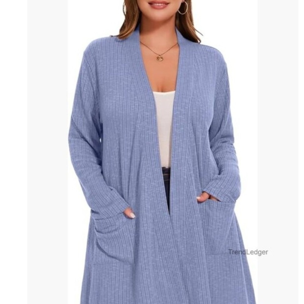 J.Jill Linen Blend Open Front Cardigan Blue Long Sleeve Pockets 1X SSW119444 - Picture 8 of 8